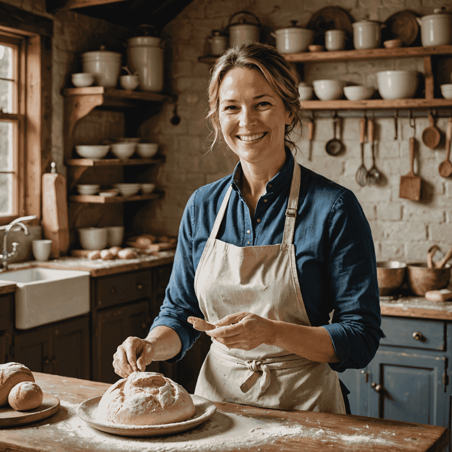 Sarah Johnson, Master Baker with 20 years of experience, smiling while kneading dough in a rustic kitchen