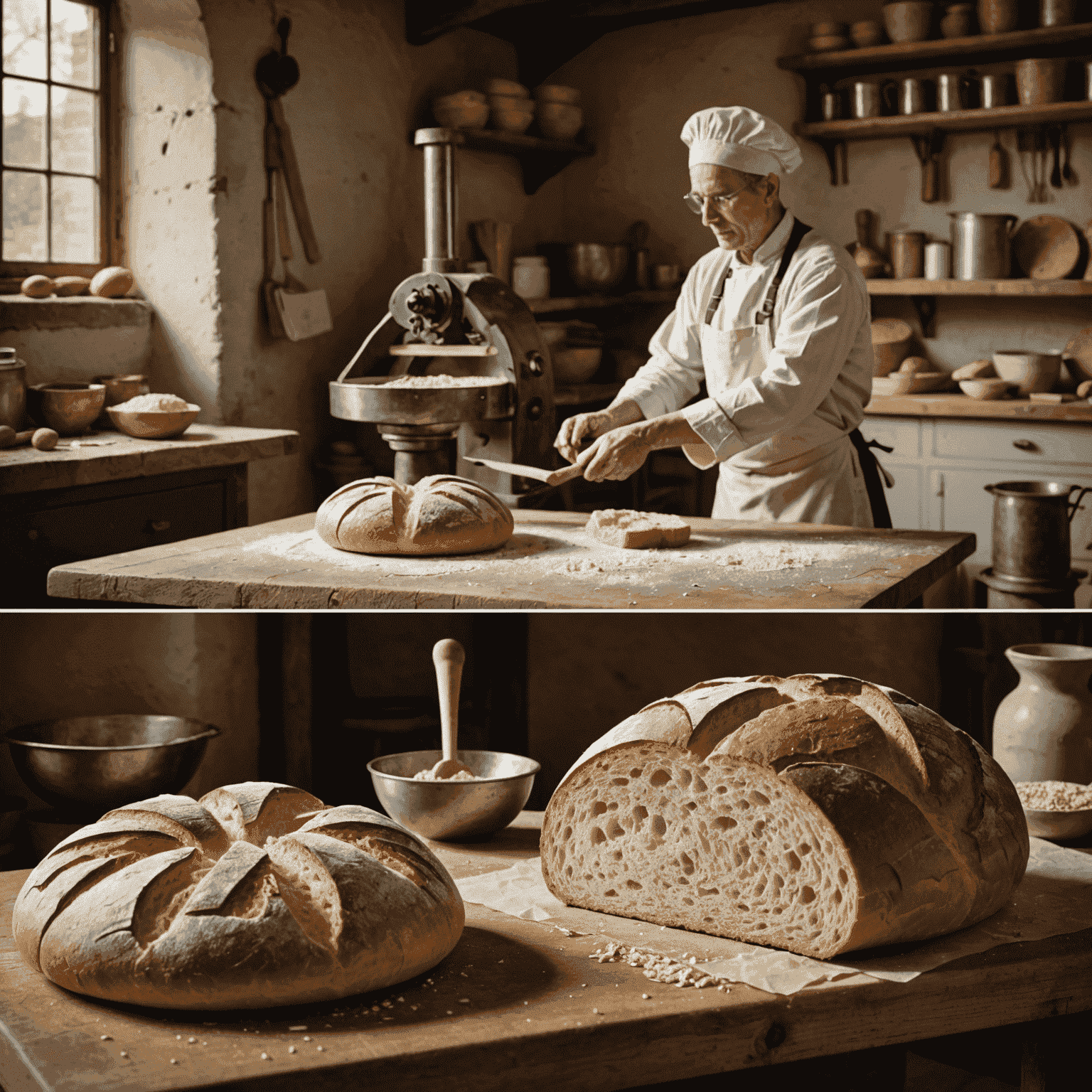 A split image showing traditional bread making on one side and modern baking equipment on the other, symbolizing the fusion of old and new baking techniques