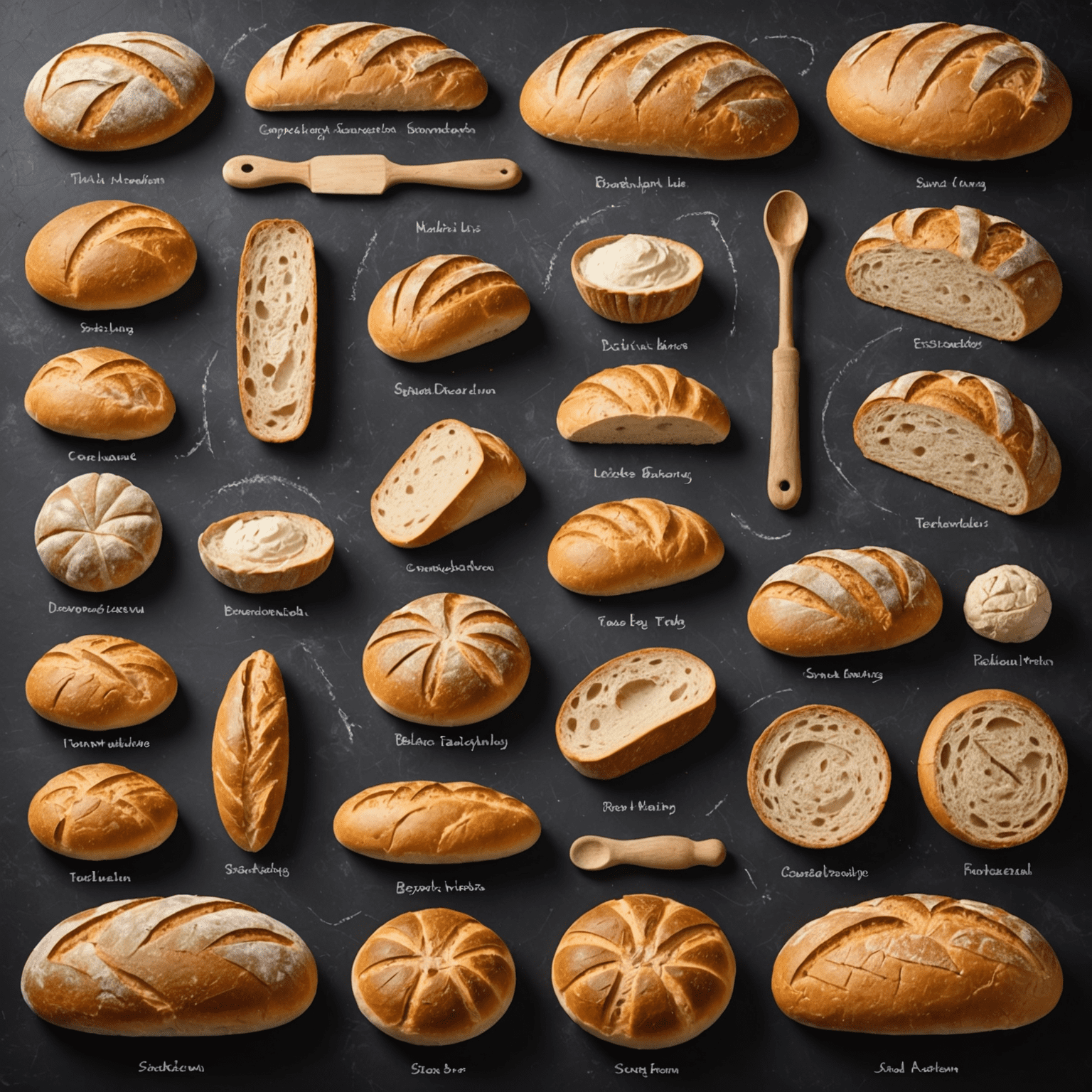 A timeline showing the evolution of sourdough bread making techniques from ancient times to modern day, with images of different bread styles and baking tools.