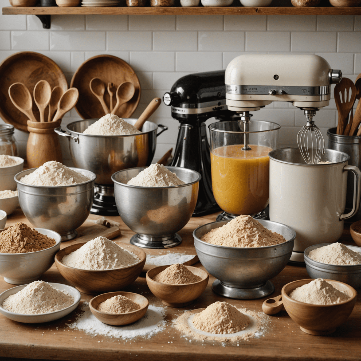 A kitchen counter with various gluten-free flours, xanthan gum, and alternative baking ingredients next to traditional baking tools and a vintage mixer