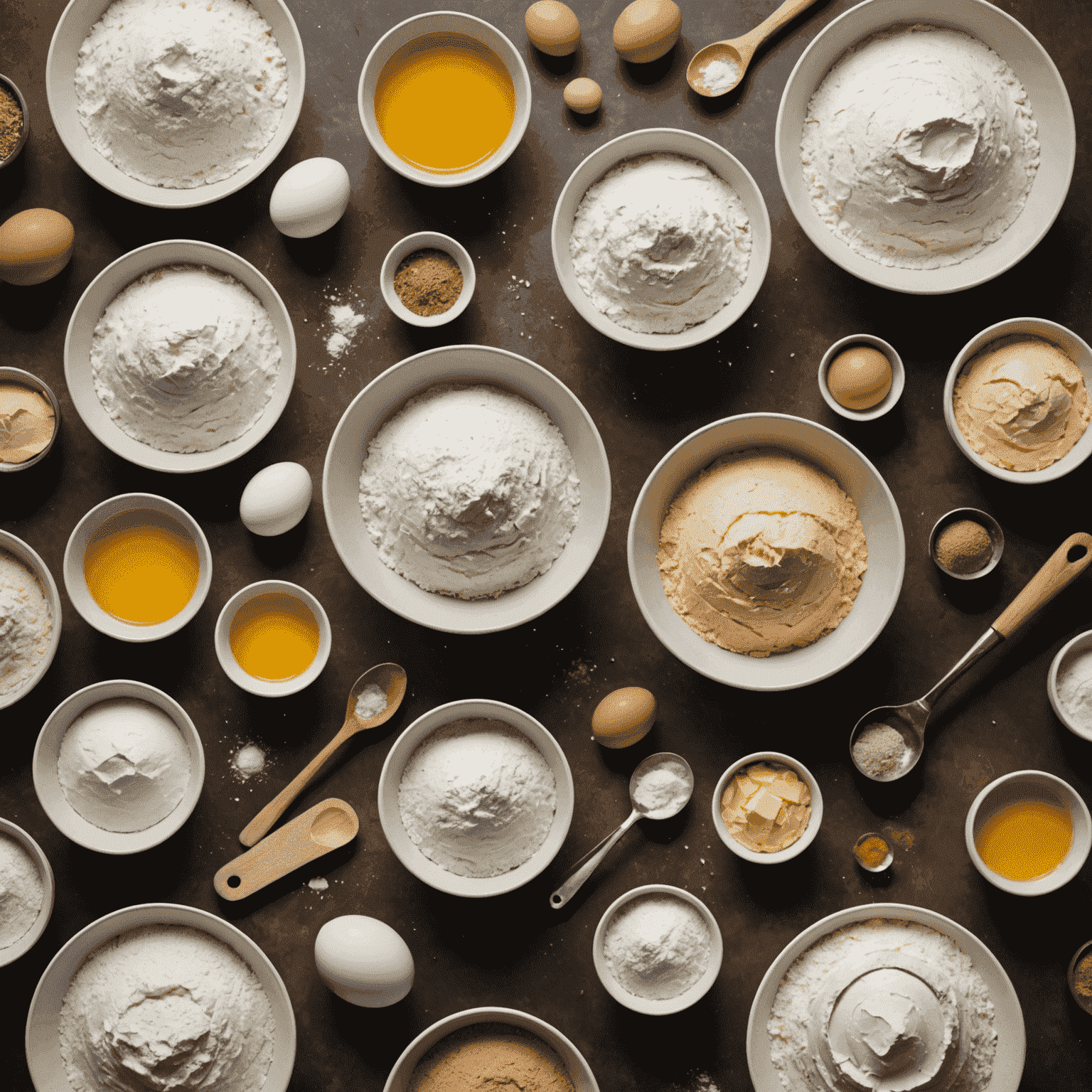 A kitchen countertop with various baking ingredients like flour, sugar, eggs, and butter arranged neatly. A mixing bowl and measuring tools are visible, symbolizing the precise nature of baking science.