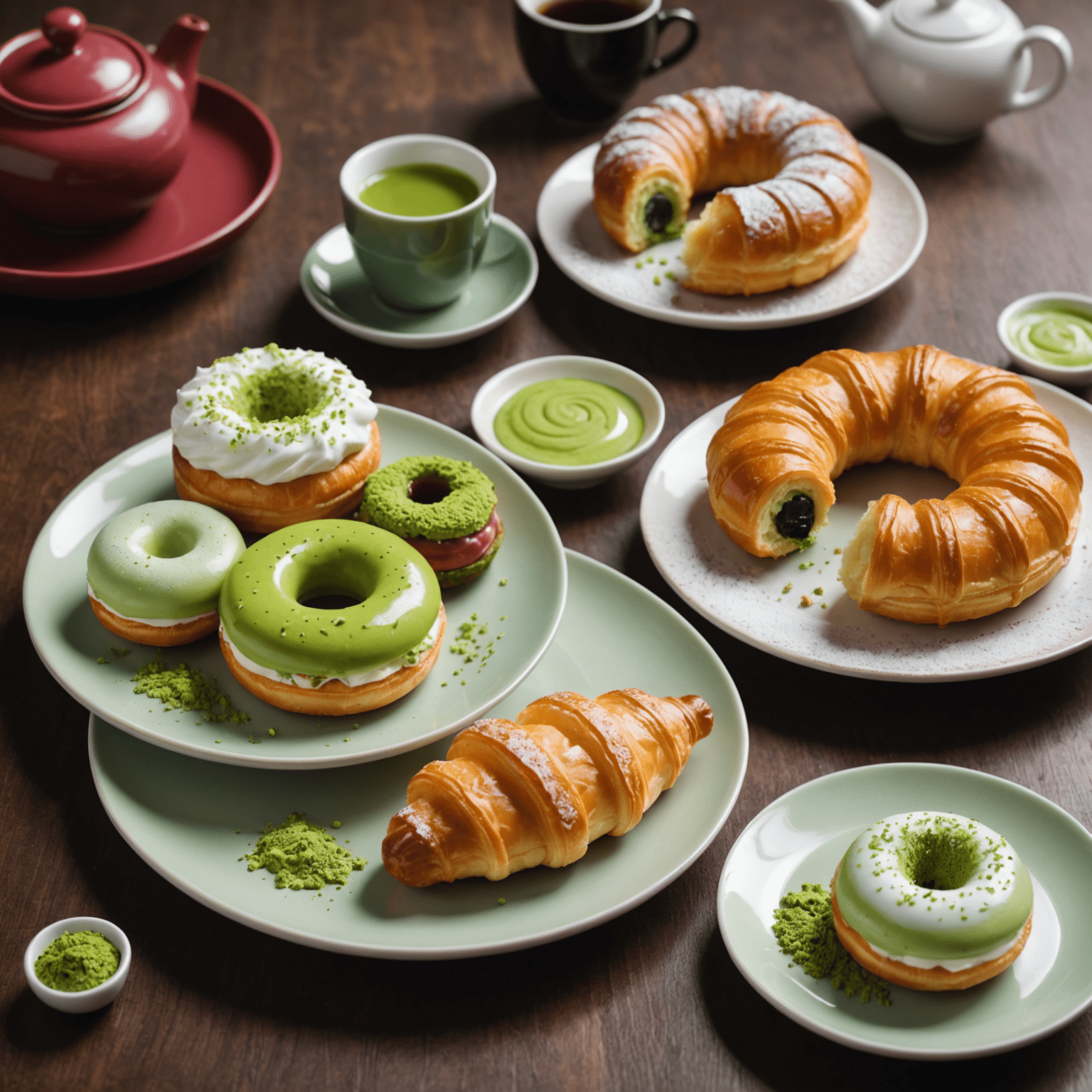 A beautifully arranged plate showcasing various fusion pastries. On one side, there's a croissant filled with matcha cream, and on the other, a mochi donut dusted with powdered sugar. In the center, a delicate green tea éclair sits next to a red bean Danish pastry.