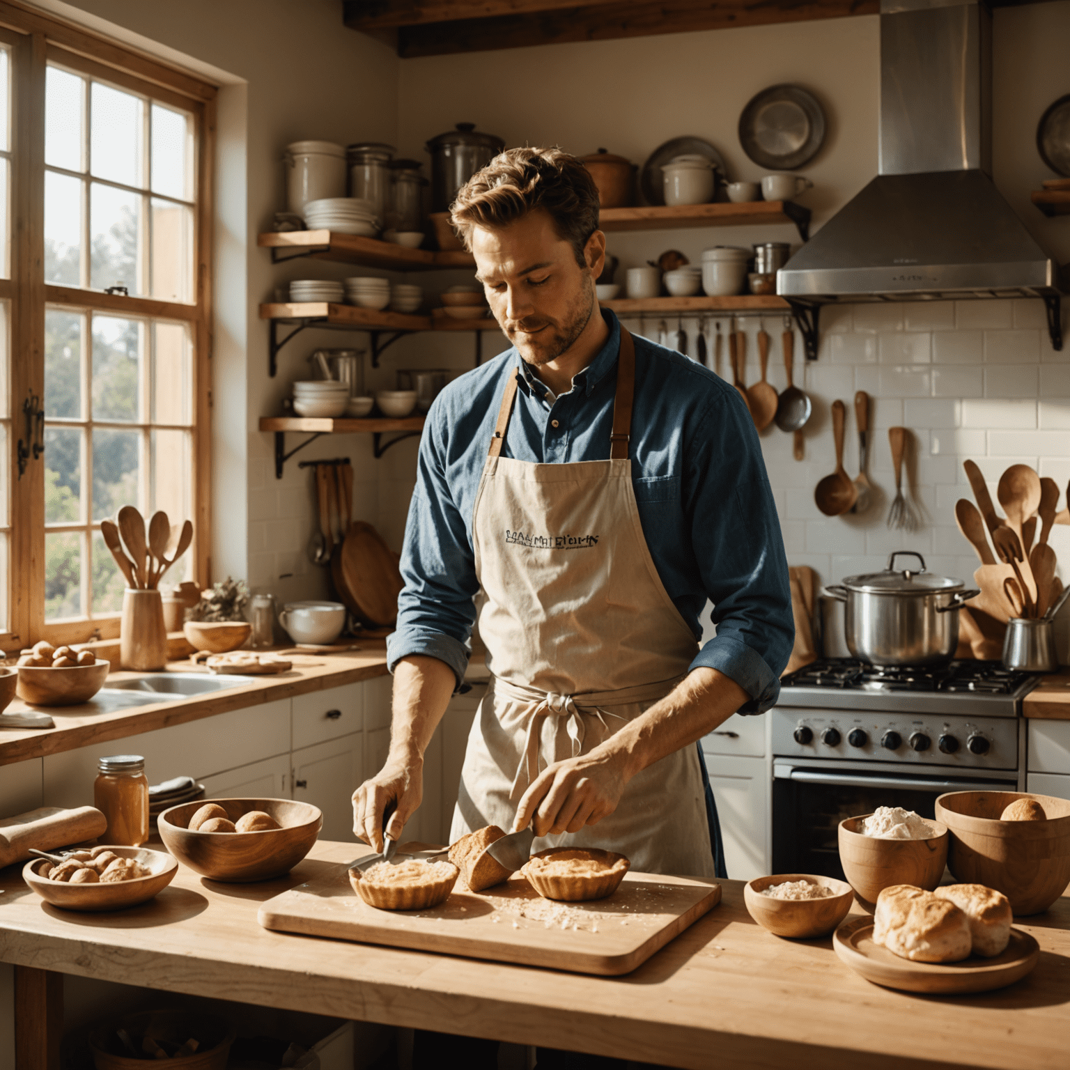 A baker using locally-sourced ingredients and energy-efficient methods in a sunlit kitchen with eco-friendly utensils and appliances