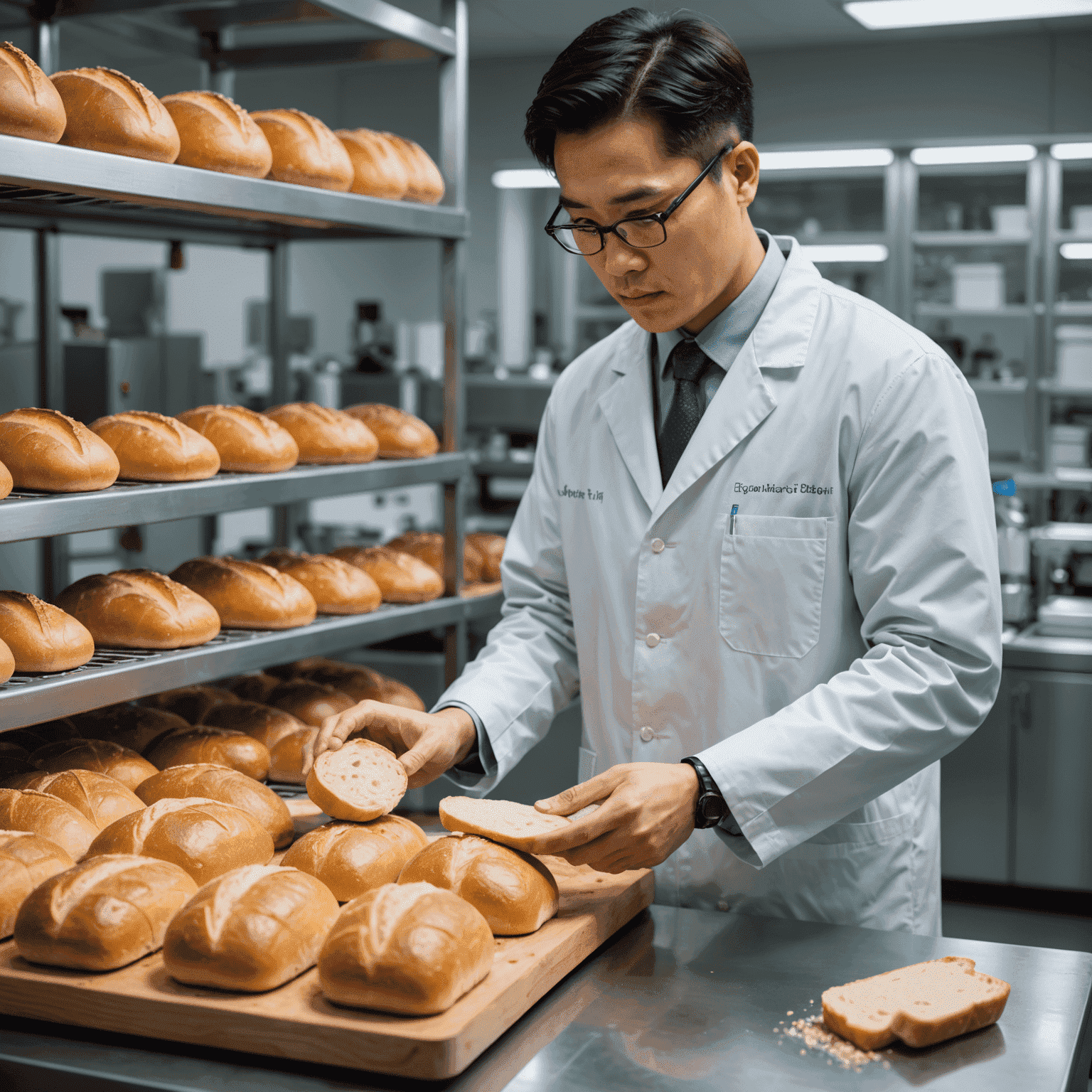 Mark Chen, Food Scientist, examining a loaf of bread in a modern laboratory setting