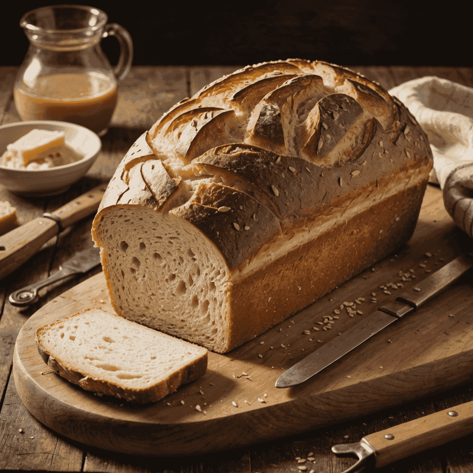 A beautifully scored sourdough loaf with a golden crust, sitting on a rustic wooden board next to vintage baking tools.