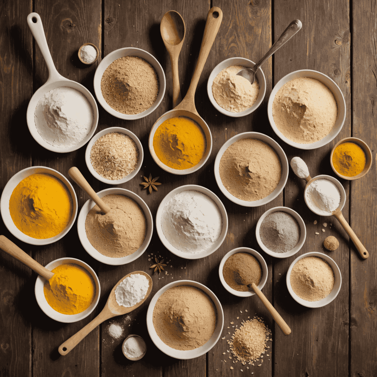 A colorful array of gluten-free flours, starches, and alternative baking ingredients laid out on a rustic wooden table, with traditional baking tools in the background.