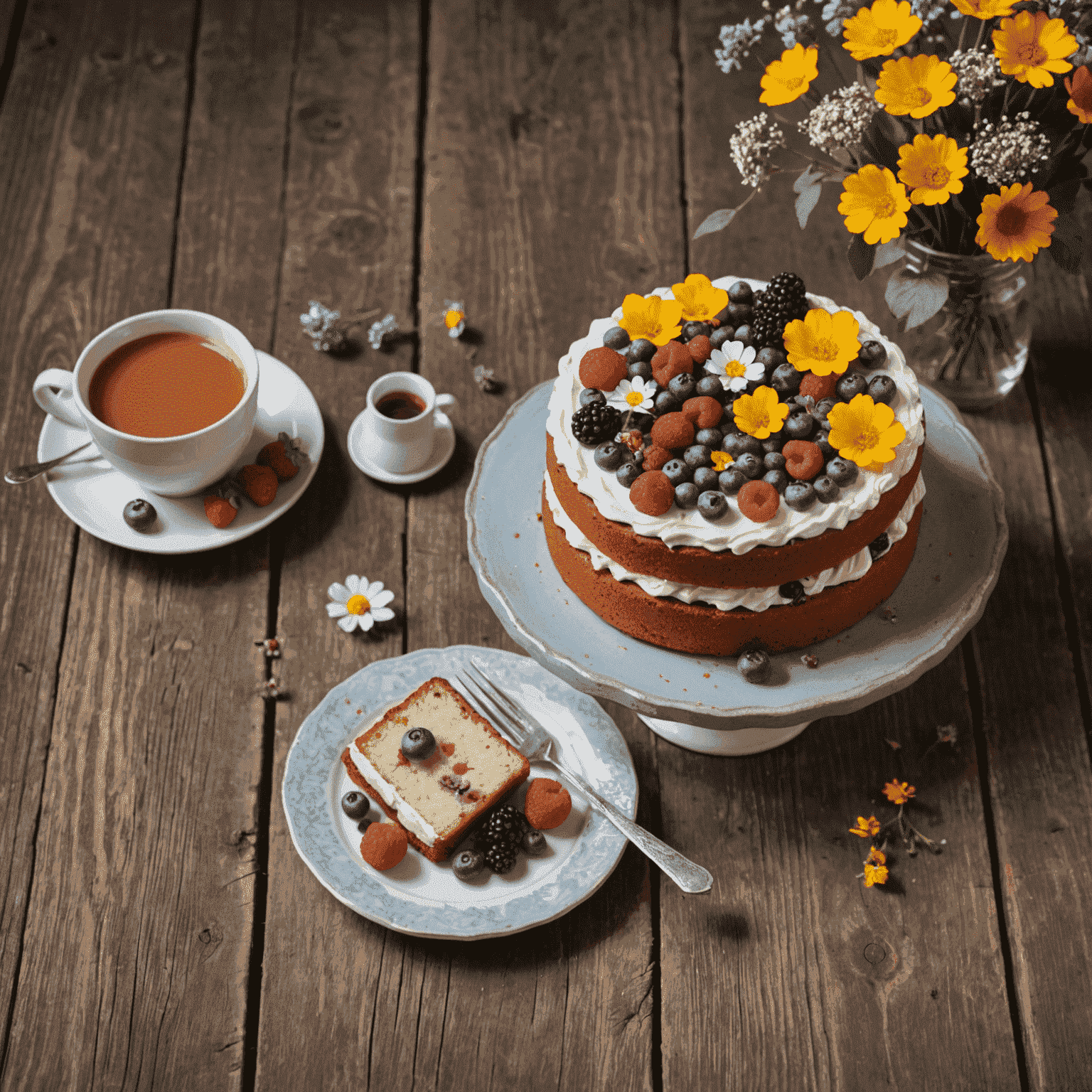 A beautifully presented gluten-free cake with berries and edible flowers, next to a cup of coffee on a rustic wooden table