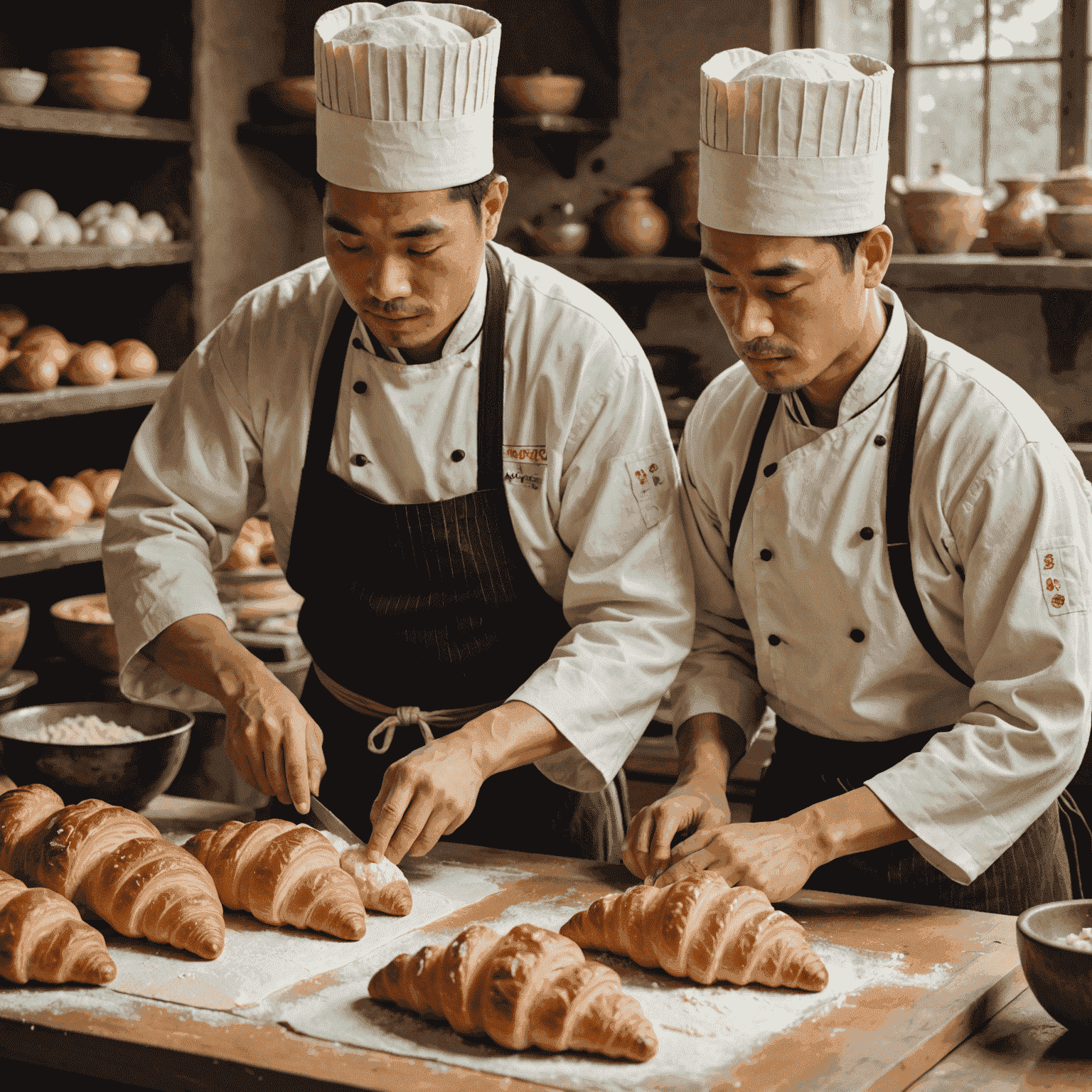 A split image showing two bakers at work. On the left, a Western baker is rolling out croissant dough, while on the right, an Eastern baker is preparing mochi. Both are wearing traditional attire from their respective cultures.