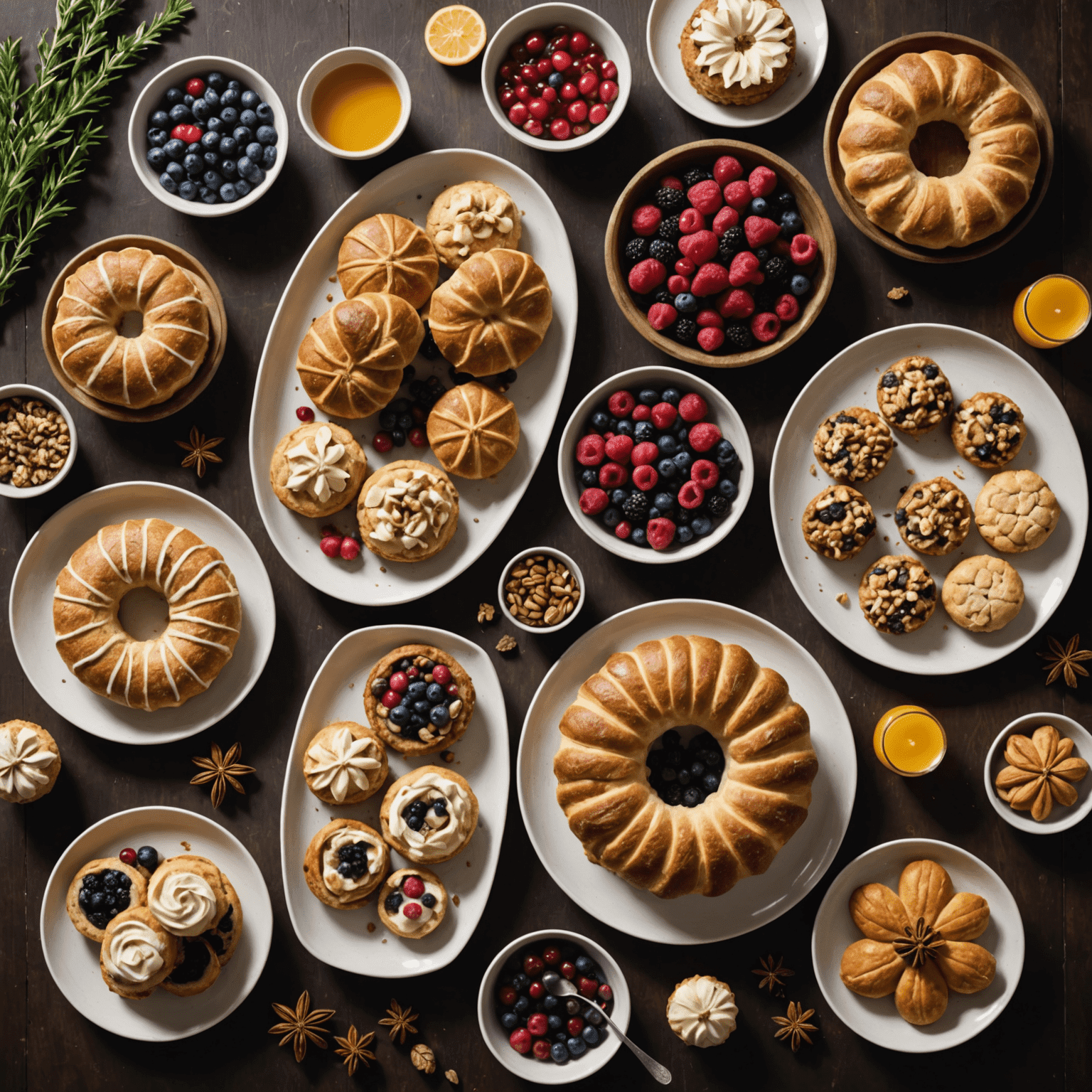 A collection of sustainably baked goods using seasonal ingredients, displayed on eco-friendly serving platters with reusable decorations