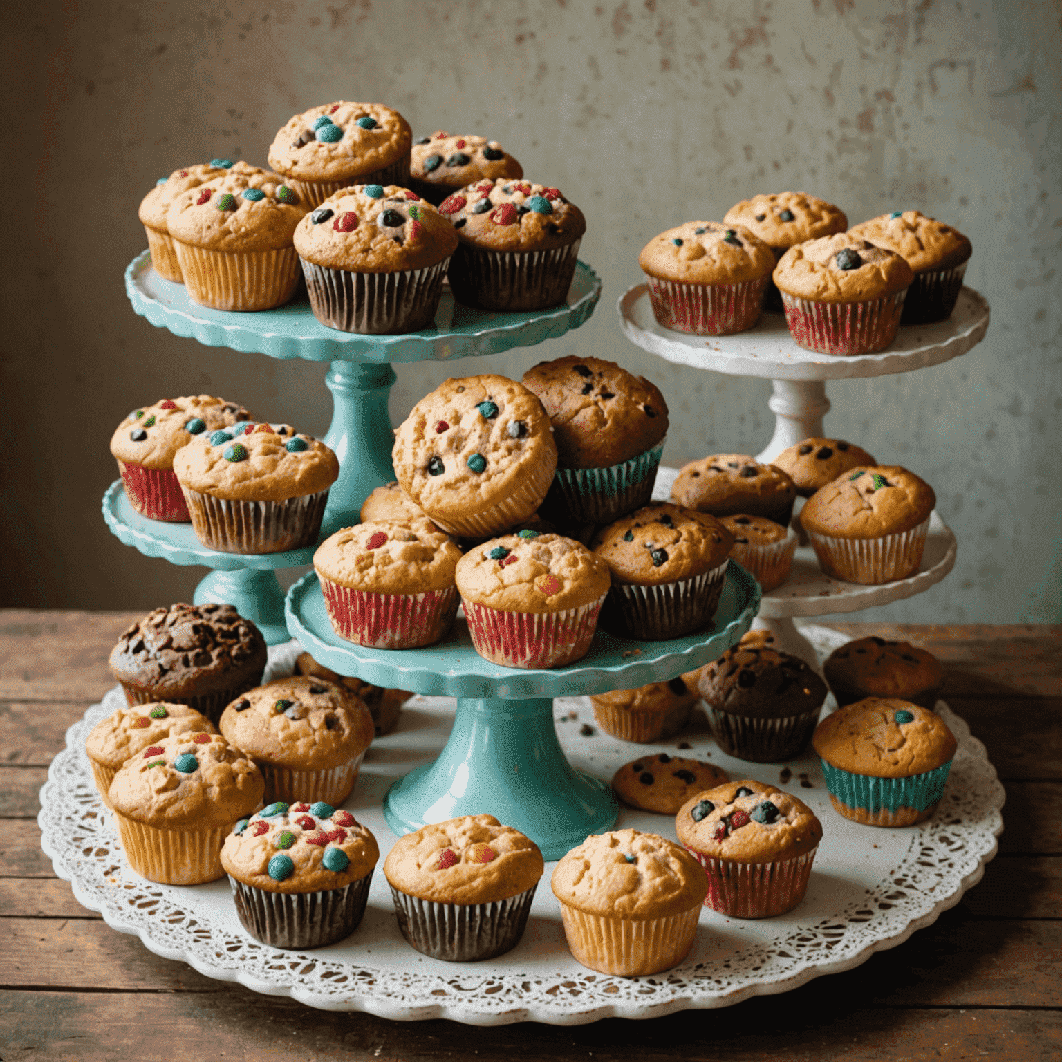 A variety of colorful gluten-free baked goods including muffins, bread, and cookies arranged on a vintage cake stand.