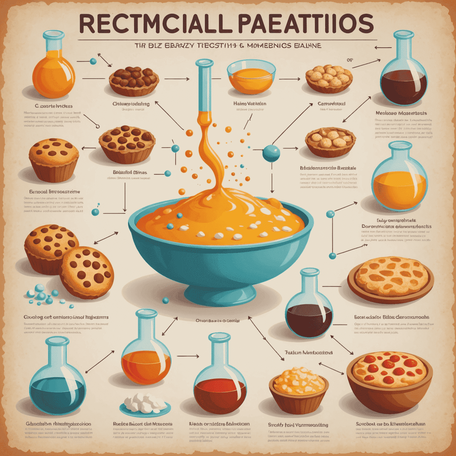 An infographic showing chemical reactions in baking, with molecular structures, temperature charts, and illustrations of how different ingredients interact during the baking process.