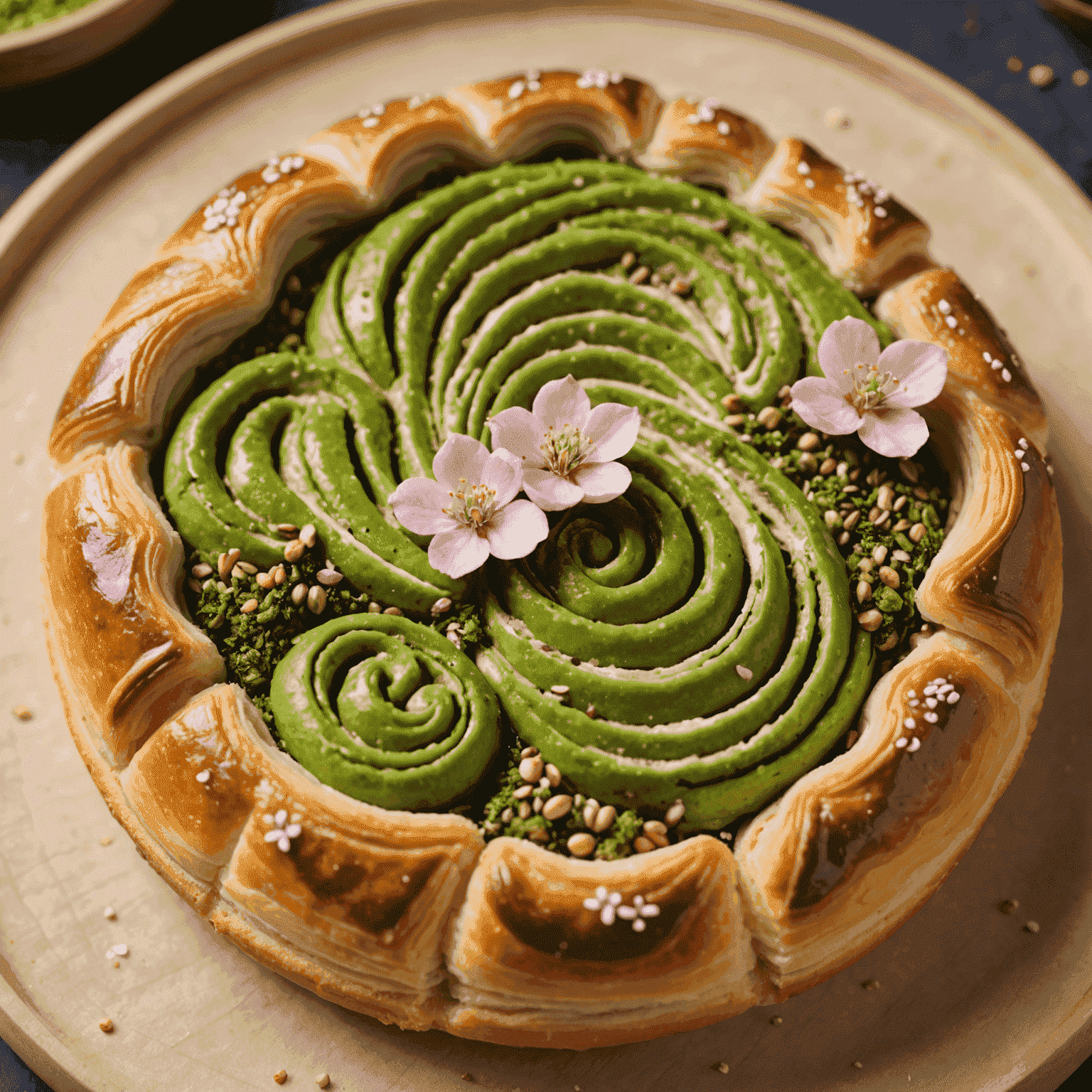 A close-up of a signature fusion pastry: a delicate cherry blossom-shaped Danish pastry filled with a swirl of matcha cream and topped with a sprinkle of kinako (roasted soybean flour).