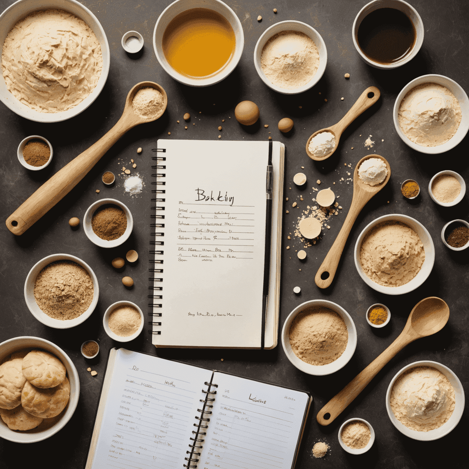 A flat lay of baking ingredients with measuring tools, a notebook with formulas, and a partially mixed dough showing chemical reactions.