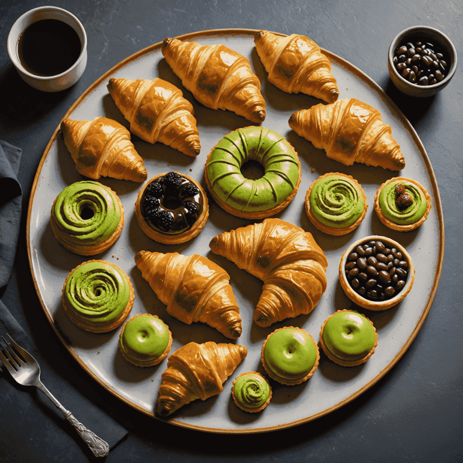 A beautifully arranged display of fusion pastries combining Western and Eastern flavors, such as matcha croissants, red bean Danish pastries, and yuzu tarts, on an elegant serving platter.