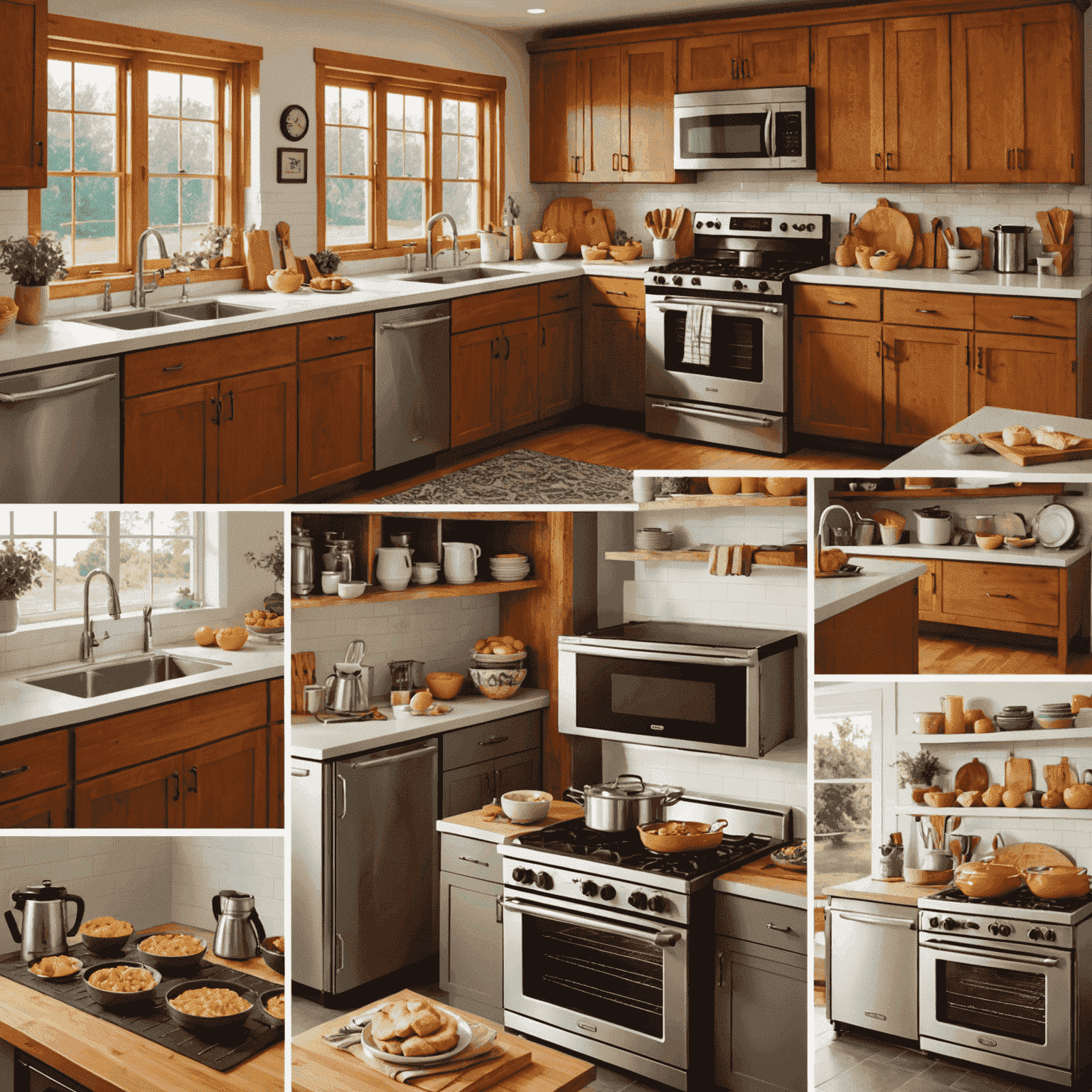 A collage showing sustainable baking practices: solar ovens, locally sourced ingredients, reusable baking mats, and energy-efficient kitchen appliances, all set in a bright, eco-friendly kitchen.